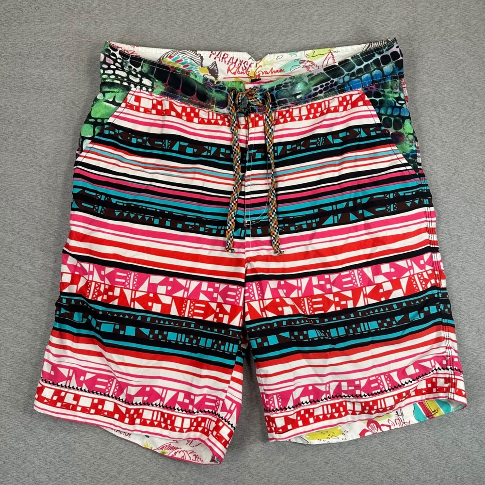 Robert Graham Paradise Board Shorts Mens 34 Tribal Geometric Striped Vibrant